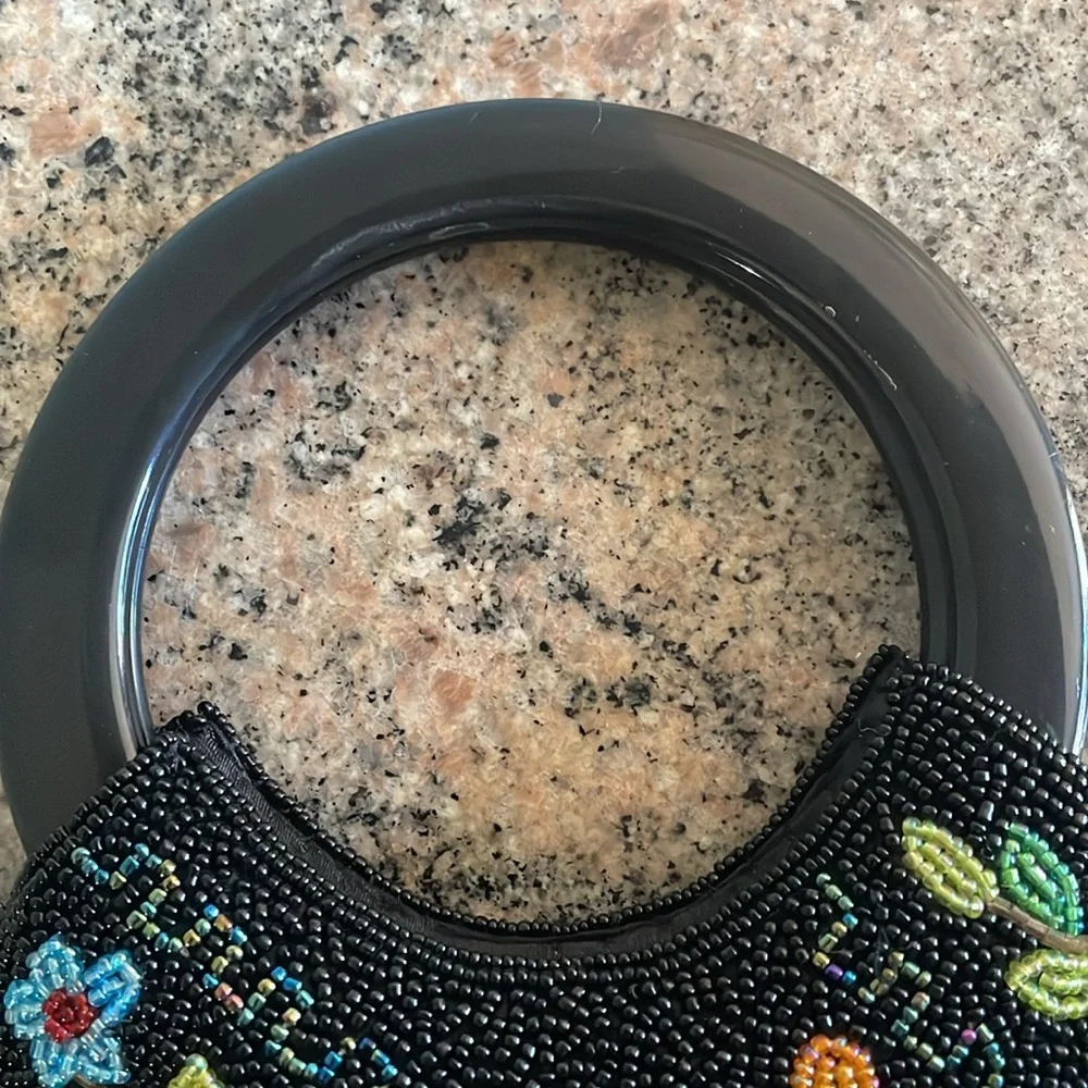 Beaded Floral Black Hobo Bag with Round Handles